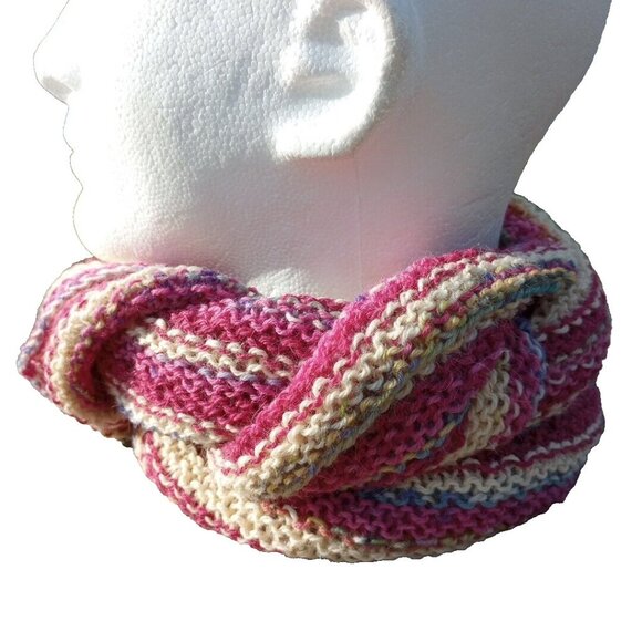 Women's Alpaca Wool Scarf Handmade Knit Pink Candy Swirl Yellow Striped - Picture 1 of 10